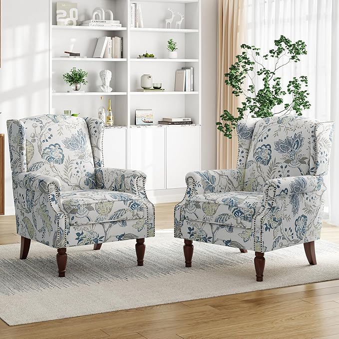 Pia Ricco High Back Floral Accent Chair - Retro Wingback Upholstered Armchair with Nailhead Trim, Solid Wood Legs, Fabric Living Room Bedroom Reading Chair (Plants Blue)