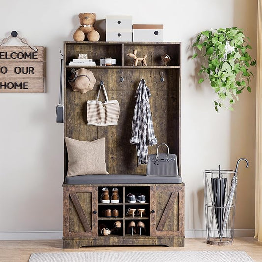71" Hall Tree with Bench and Shoe Storage, Entryway Hall Tree with 2 Doors and 6 Adjustable Shelves, Cushioned Storage Bench with Coat Rack for Hallway, Living Room, Mudroom