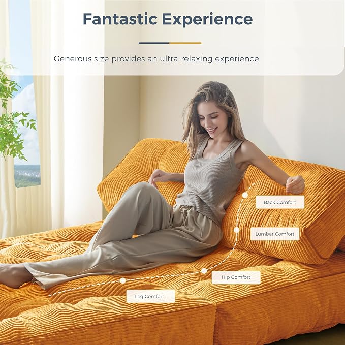 MAXYOYO Folding Sofa Bed, Convertible Chair with Pilow, Portable Fold Out Chair Bed with Back Support Comfy Floor Sofa Lounge for Living Room Bedroom, Orange, Double