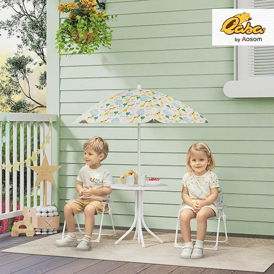 Qaba Kids Picnic Table and Chair Set, Outdoor Activity Table with Foldable Chairs, Removable Umbrella, Elephant and Giraffe Pattern Toddler Patio Furniture for Backyard, Garden, White