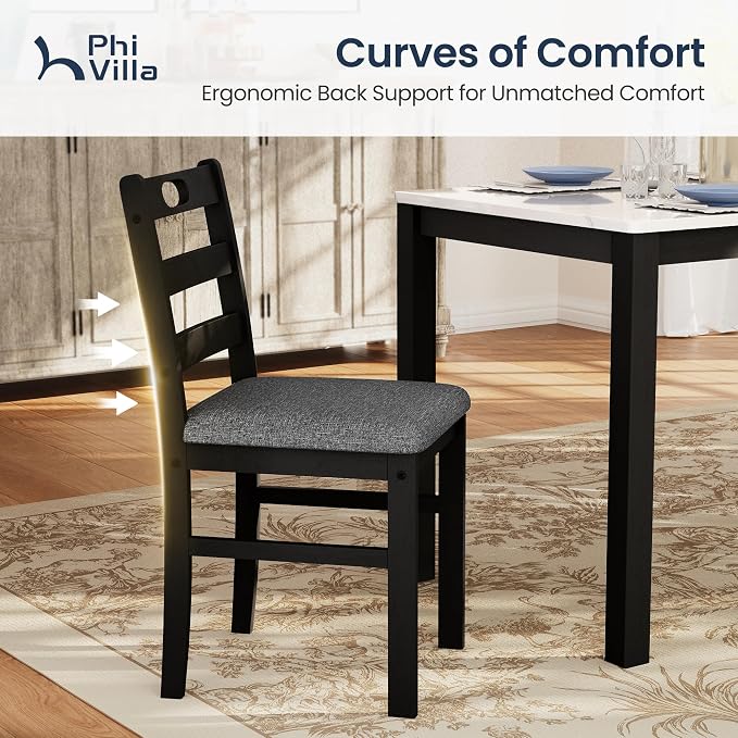 PHI VILLA Solid Wood Dining Table Set for 4, Marble Design Kitchen Table Chairs Set of 4, 5 Piece Space-Saving Dining Room Table Set for Apartment, Venatino White Marble& Black