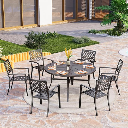 PHI VILLA 7 Pieces Outdoor Round Dining Set for 6, Wrought Iron Dining Table with Umbrella Hole & Stackable Metal Steel Chairs, Modern Dining Furniture Set for Patio, Deck, Backard, Porch