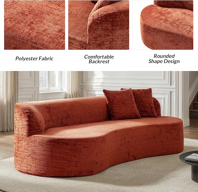 95" Modern Curved Compressed Sofa, All-Foam 3-Seater Cloud Couch with 2 Pillows, No Assembly Required Boneless Sofas for Living Room, Orange