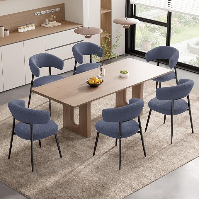 Dining Chairs Set of 2, Mid Century Modern Kitchen Chairs, Boucle Upholstered Dining Chair with Curved Backrest & Metal Legs for Kitchen Dining Room, Dark Blue