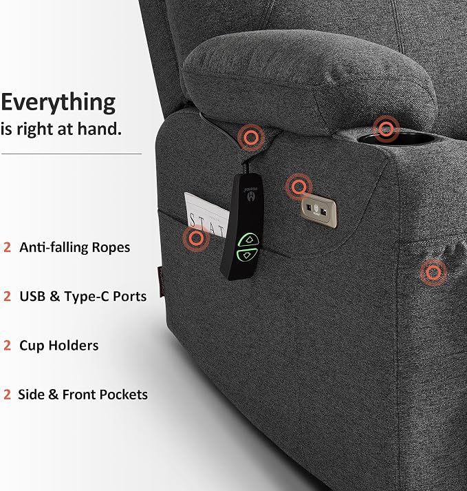 MCombo Power Lift Recliner Chair for Elderly R7042(Grey, Small-Wide) | Heat and Massage, USB& Type C Charging Port, FSC Certified