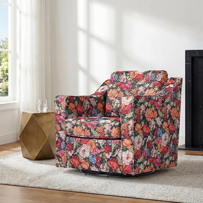 Swivel Accent Chair, Modern Round Barrel Arm Chair for Living Room, Bedroom, Comfy Club Reading Chairs for Adults (Black Floral, Set of 1)