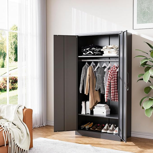 BYNSOE Metal Armoire Wardrobe Closet with 2 Doors 72'' Wardrobe Cabinet with Hanging Rail Metal Closet with Adjustable Shelves for Bedroom.Require Assembly (Black)