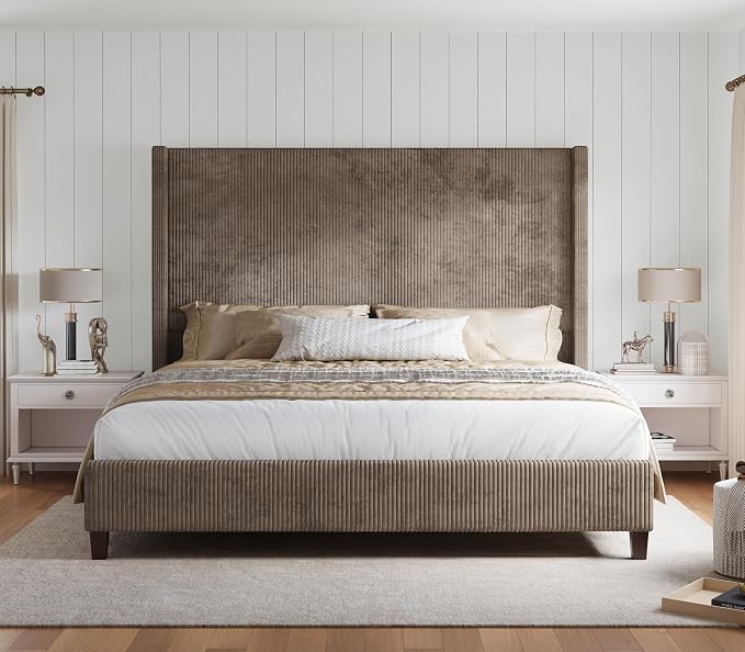 HOWE Queen Bed Frame with 61.4" Extra Tall Headboard, Corduroy Upholstered Bed with Vertical Wingback Headboard, No Box Spring Needed/Noise Free/Solid Wood Slats/Brown