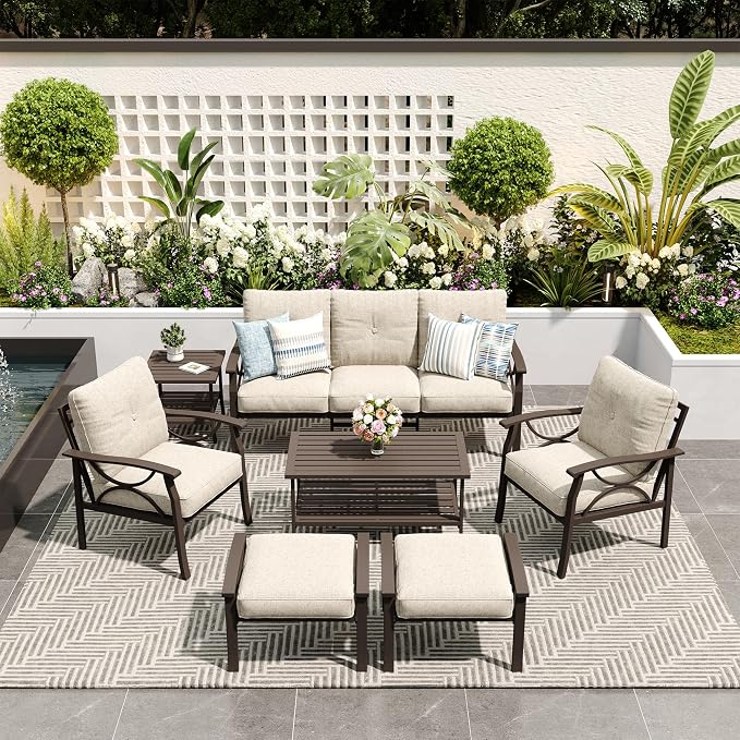 FansaFurn 7-Pieces Outdoor Patio Furniture Set, Outdoor Metal Sectional Furniture with Cushions, Outdoor Conversation Seating Set with Coffee Table for Backyard,Garden, Balcony, Deck, Backyard, Khaki