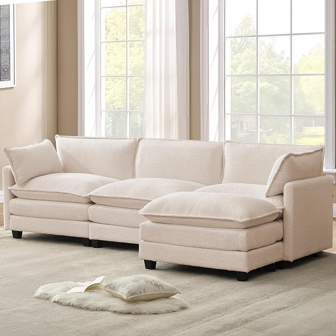 ROWHY 112'' Modular Sectional Cloud Couch with Movable Ottoman, 4 Seat Modern Chenille Sofa with 2 Throw Pillows, Deep Seat L Shaped Couch for Living Room Bedroom Apartment, Beige