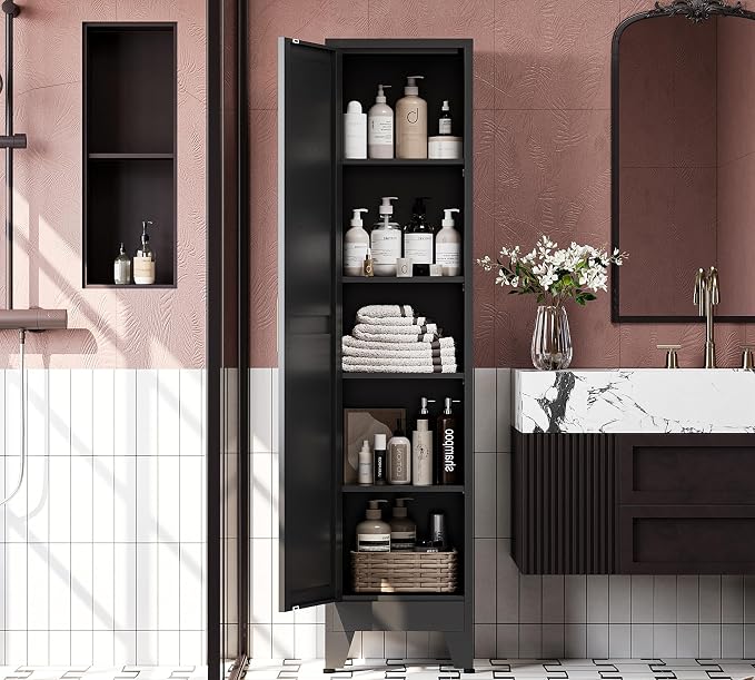 67“H Metal Narrow Kitchen Pantry Cabinet,Black Skinny Pantry Cabinet,Tall Narrow Bathroom Storage Cabinet with Adjustable Shelves,Slim and Thin Pantry Cabinets for Living Room Dining Room