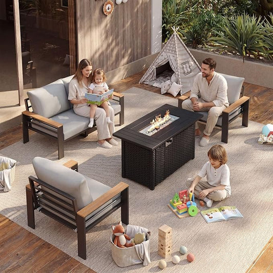 Aoxun Patio Furniture Set, Aluminum Patio Set with Fire Pit Table and 5" Thicken & Washable Cushion, Waterproof Outdoor Furniture, Outdoor Couch Sectional for Backyard (4 Seats/F, Grey)