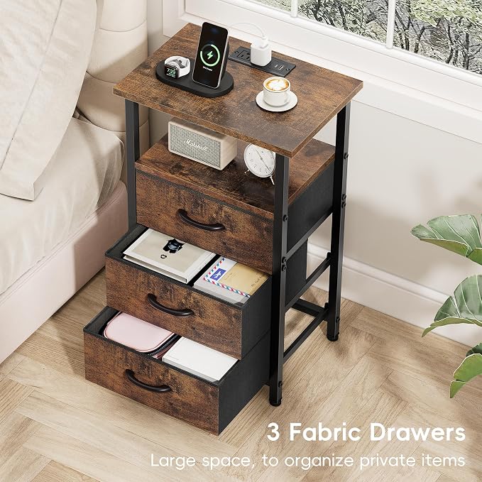 Vagusicc Night Stand with Charging Station, LED Nightstand for Bedroom, Bedside Table with 3 Fabric Drawers, End Table Side Table with USB Ports and Outlets, Bed Side Table for Bedroom, Rustic Brown