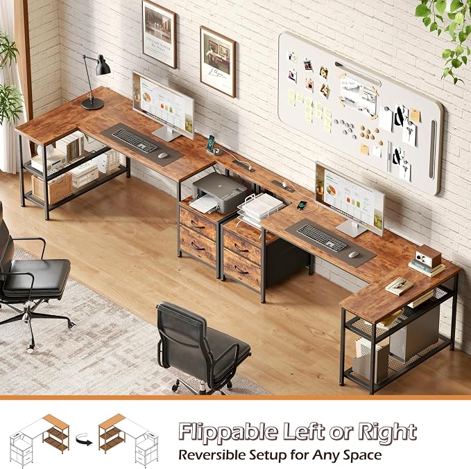 Korfile 57 Inch L Shaped Gaming Desk with Power Outlets and Type-C Port, Reversible Computer Office Desk with 2 Fabric Drawers & Mesh Shelves, Corner Desk for Study Work Writing Desk, Rustic Brown