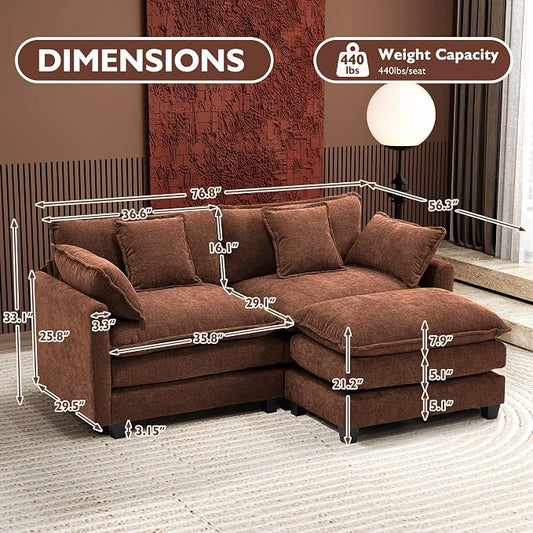 Ihanherry 77" L Shaped Modern Sofa Modular Sectional Luxurious and Comfortable with Ottoman, 3-Seat Chenille Deep Seat Sofa with Pillow for Living Room, Bedroom and Apartment,Brick Red