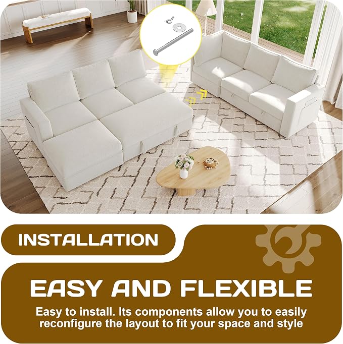 106.7" U-Shaped Modular Sectional Sofa with Pull-Out Bed & Storage, Modern 7-Seat Convertible Couch, Comfy L-Shape Sectional for Living Room, Apartment, Beige