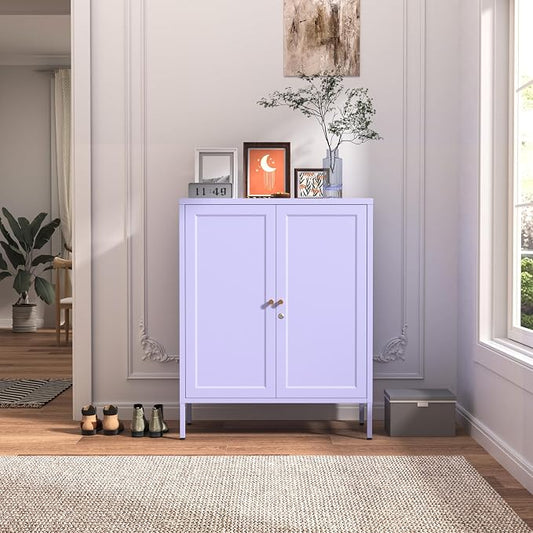 Accent Cabinet Locker, Square Storage Cabinet 36 Inch High, Freestanding Metal Storage Cabinet with 2 Doors and 2 Adjustable Shelves, Multifunctional Cabinet for Home, Hallway and Office Purple