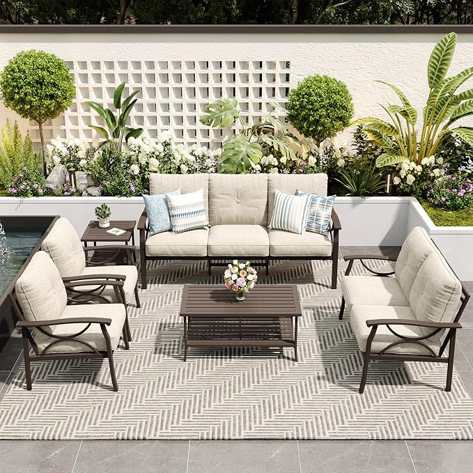 FansaFurn 6-Pieces Outdoor Patio Furniture Set, Outdoor Metal Sectional Furniture with Cushions, Outdoor Conversation Seating Set with Coffee Table for Garden, Balcony, Deck, Backyard, Khaki