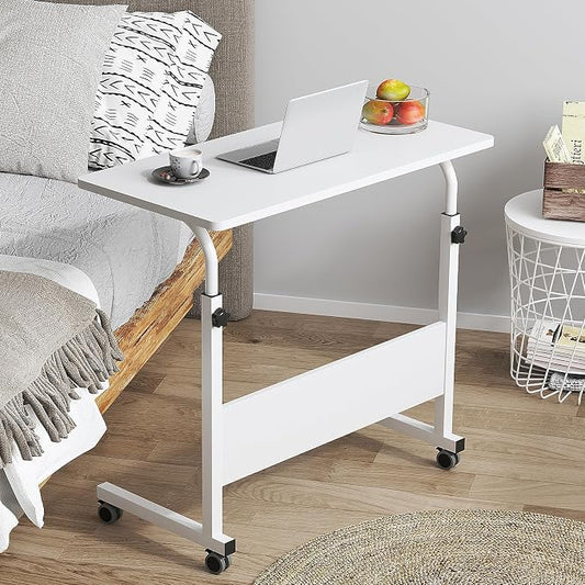 DlandHome Rolling Desk Adjustable Standing Desk, Mobile Side Table 31.4 Inches w/Wheels Adjustable C Table Movable Portable Laptop Computer Stand for Bed Sofa,White