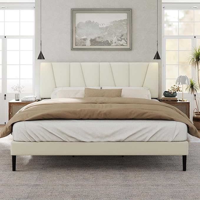 HAOARA Queen Size Bed Frame with Fabric Upholstered Headboard, Platform Bed with Wooden Slats Support, Fully Mattress Foundation, Box Spring Optional, Easy Assembly