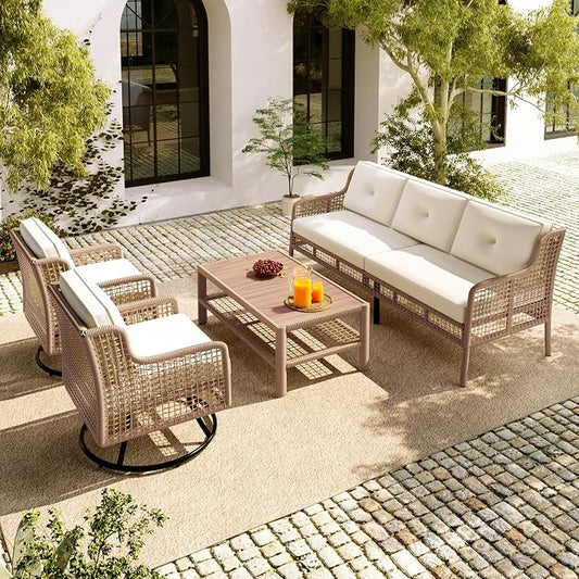 4-Piece Outdoor Wicker Sectional Sofa Set, All Weather Patio Conversation Set with 3-seater Sofa, 2 Swivel Chairs and Coffee Table, Cushions, Suitable for Poolside Backyard Deck (Beige-Swivel)