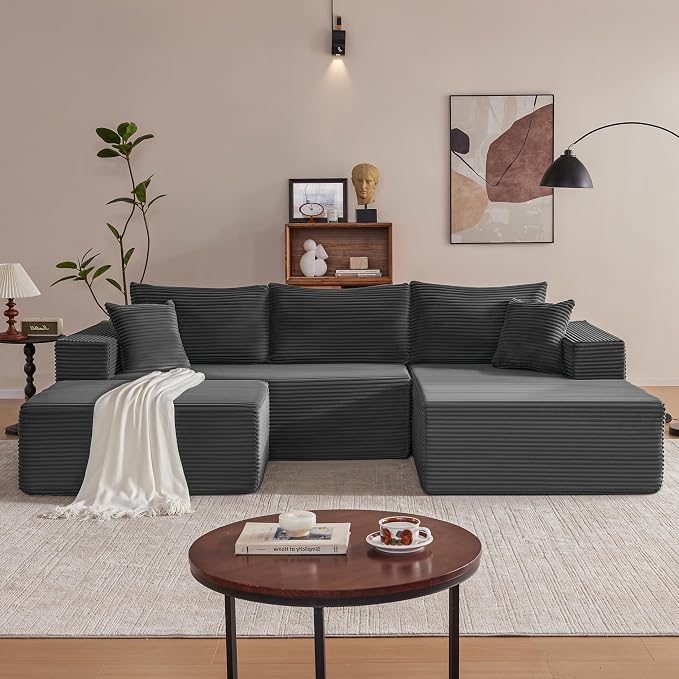 Mangodan 110” Cloud Sectional Couch, Boneless Sofa for Living Room, Modular Sectional Sofa with Deep Seat, Comfy Fluffy U-Shaped Couch with Right-Facing Chaise, No Assembly Required, Grey