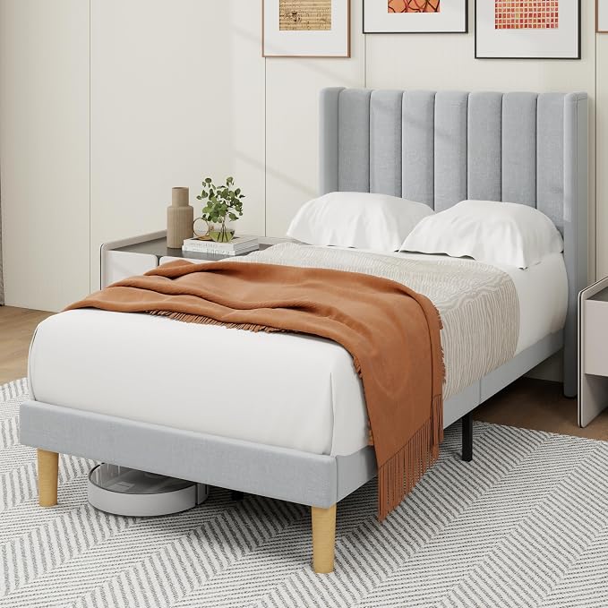 alazyhome Platform Bed Frame Twin Size with Upholstered Headboard, Solid Wood Slats Support, No Box Spring Needed, Noise Free, Easy Assembly, Modern Fabric Bed, Light Grey