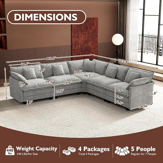 Ihanherry 114" V-Shaped Modern Sofa Modular Sectional Cloud Couch with Corner Section, 5-Seat Chenille Deep Seat Sofa with 5 Pillows for Living Room, Bedroom and Apartment, Grey