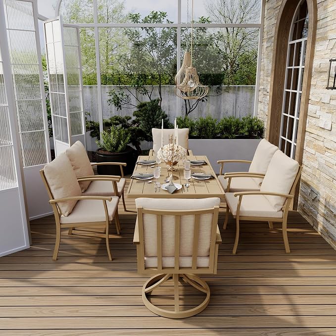 HAPPATIO 7 Piece Patio Dining Set, Aluminum Outdoor Dining Set for 6, Patio Furniture Sets, 2 Swivel Dining Chairs, 4 Dining Chairs, Aluminum Furniture Set for Patio, Yard (Beige)