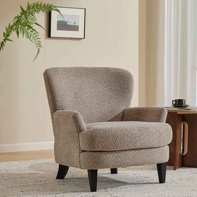 Christopher Knight Home Colby Boucle Upholstered Club Chair, Living Room Accent Chair, Wooden Frame, Flared Armrest, Plush Thick Cushion, Reading Lounge Chair, Space-Saving Furniture, Light Brown
