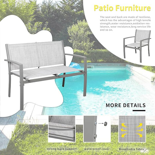 Shintenchi 4 Pieces Patio Furniture Set All Weather Textile Fabric Outdoor Conversation Set, with Glass Coffee Table, Loveseat, 2 Single Chairs for Home, Garden, Lawn, Porch(Silver)