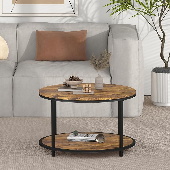 NSdirect Round Coffee Table, 25.6" Small Coffee Table for Living Room,2-Tier Rustic Wood Desktop with Storage Shelf Modern Design Home Furniture(Brown)