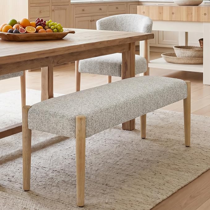 Usaint 42" End of Bed Bench, Modern Upholstered Bedroom Bench with Rubberwood Legs, Entryway Bench with Cushion, Dining Bench for Living Room, Bedroom, Heathered Off-White with Oak Leg