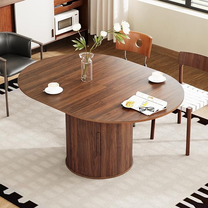 weselon 43"-59" Extendable Round to Oval Dining Table with Hidden Storage, Modern Wooden Kitchen Table with Fluted Sliding Door Cabinet, Expandable Dinner Table for Dining Room Living Room (Walnut)