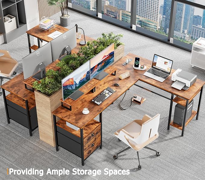 Furologee 66” L Shaped Desk with Power Outlet, Reversible Home Office Desk with File Drawer, 2 Monitor Stands, Storage Shelves, Corner Computer Table for Gaming, Writing, Rustic Brown