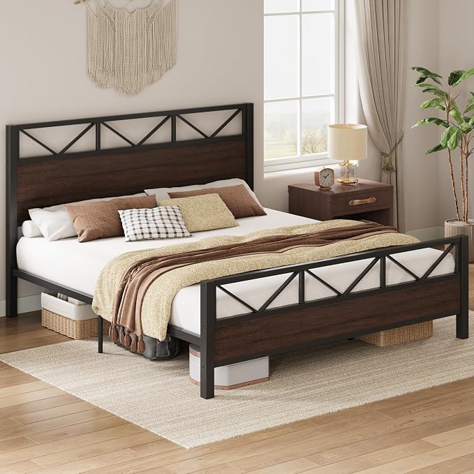 LIKIMIO California King Bed Frame, Tall Industrial Headboard 51.1 ", Platform Bed Frame with Strong Metal Support, Solid and Stable, Noise Free, No Box Spring Needed, Easy Assembly, Dark Brown