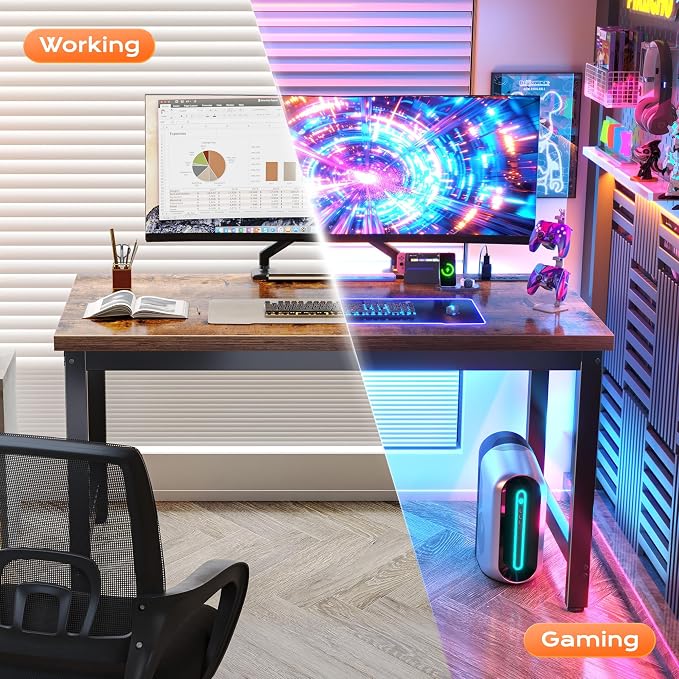 Huuger 48 x 24 inch Desk with Power Outlets & USB-C, Deeper & Thicker Desktop, Robust Metal Tubes, Computer Desk, Heavy Duty Office Desk, Work Gaming Desk for Home Office, Rustic Brown