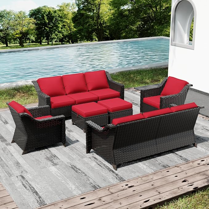 Joyside Wicker Patio Furniture Sets, 6 Pieces Upgraded Large Size Outdoor Furniture with Swivel Rocking Patio Chairs, Two 3-Seat Sofa, Outdoor Ottoman, Thick Cushions, Wide Armrest, Red
