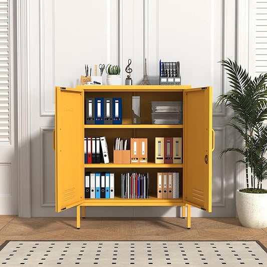 Multipurpose Accent Cabinet Locker, Metal Storage Cabinet with 2 Adjustable Shelves, Heavy Duty & Lockable Organizer Made of Thickened Steel, Easy Assembly for Home, Entryway, Yellow