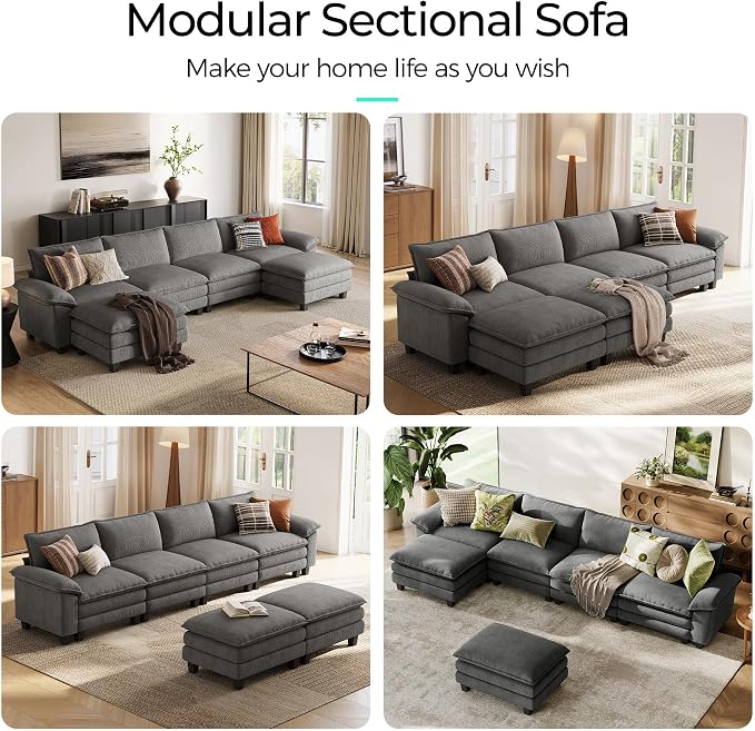 LINSY HOME 157'' Modular Sectional Sofa 4 Seat Couch Corduroy Cloud Couch with Deep Seat, Modern U-Shaped Cloud Couch with 2 Movable Ottoman for Living Room, Office, Bedroom, Grey