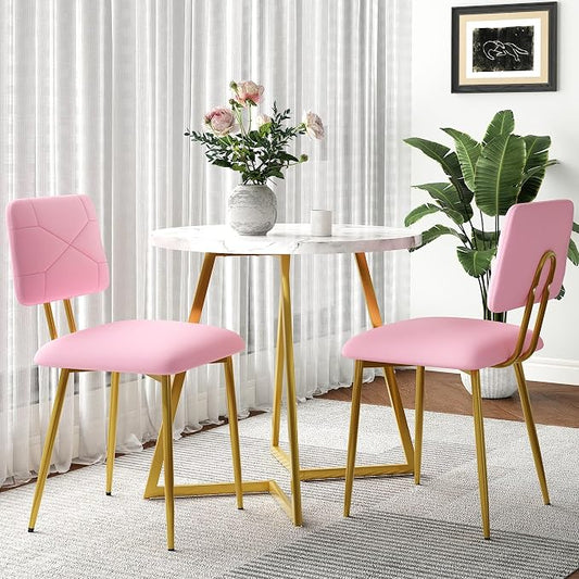 VECELO Dining Chairs Set of 2, Modern Upholstered Kitchen Chairs with Faux Leather Cushion Seat & Metal Legs for Kitchen, Living Room, Tufted Backrest Design, Pink