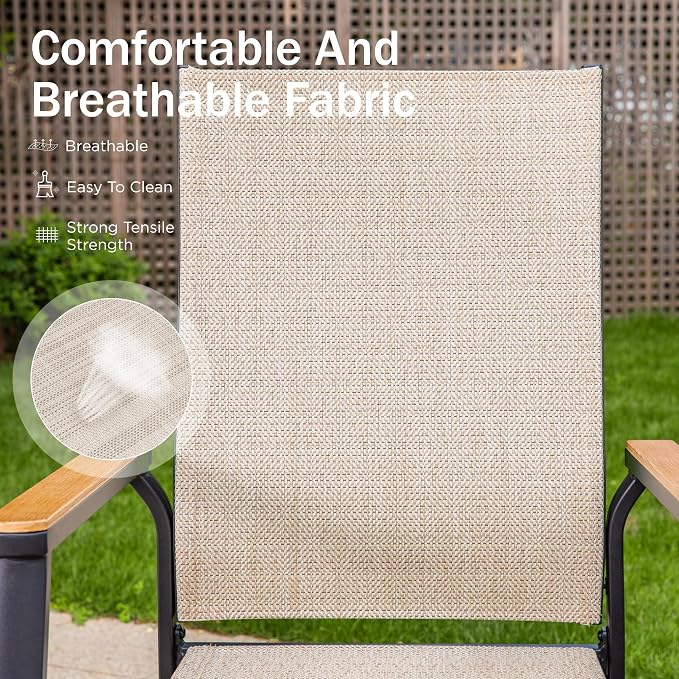 PHI VILLA 7 PCS Outdoor Dining Set, Patio Metal Furniture Set with 59"x35.4" Dining Table & 6 Stackable Aluminum Textilene Chairs, Patio Table and Chairs for Deck Garden Poolside, Beige