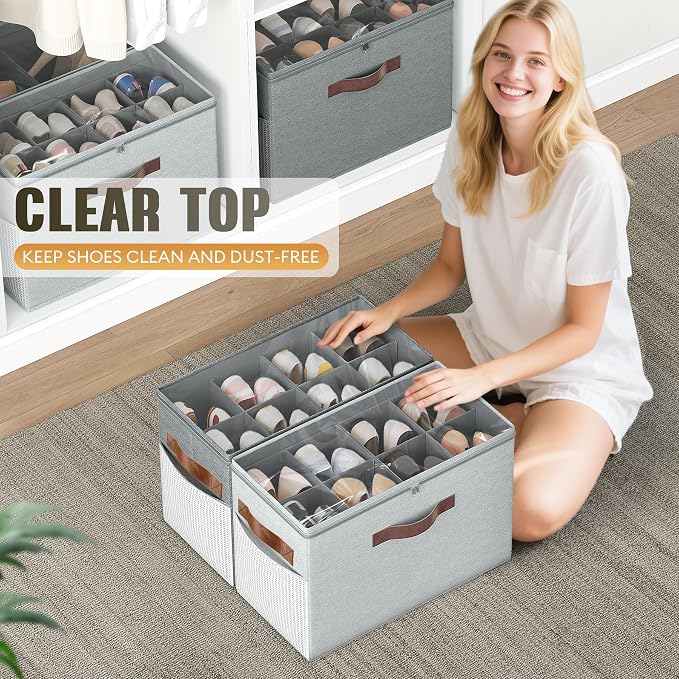 Budding Joy 2 Pack Shoe Organizer for Closet, Clear Foldable Shoe Storage Containers Adjustable Dividers Fits 16 Pairs,Shoe Storage Bins Baskets Boxes with Reinforced Handles Light Grey Greenish Grey | Farbic shoe storage organizer box bin with clear c...