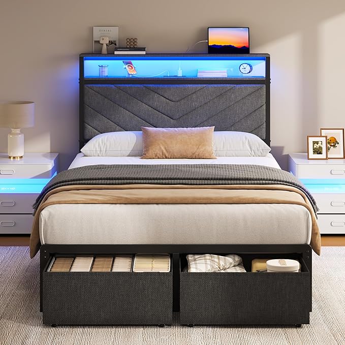 Fluest Twin Bed Frame with Storage Drawers, Upholstered Headboard with Charging Station, LED Lights, Fabric Drawers with Wheels, Under Bed Storage, No Box Spring Needed, Easy Assembly, Grey