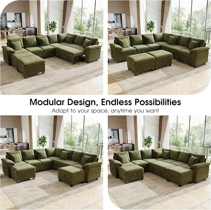 107.8" Oversized Modular Sectional Sofa with Pull Out Bed, 9 Seat U Shaped Sectional Sleeper Sofa with 291L Storage, Convertible Cloud Couch Bed, Sectional Couches for Living Room, Apartment (Green)