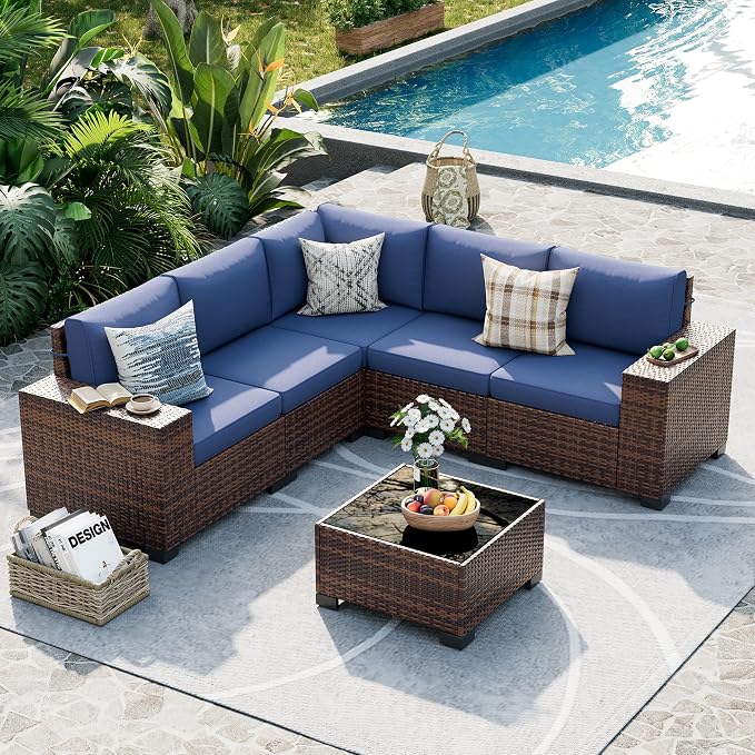 UDPATIO Patio Furniture Set, 8 Inch Armrest Outdoor Sectional Sofa with Wicker Coffee Table, 6 Piece Conversation for Garden, Backyard, Navy Blue