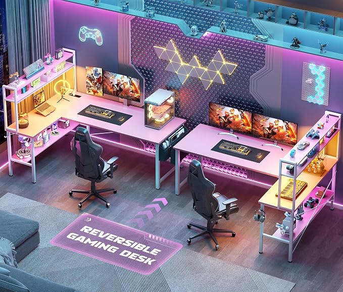 Aheaplus L Shaped Desk Gaming Desk, 59" L Shaped Computer Desk with LED Light & Power Outlet, Reversible Home Office Desk Gamer Desks with Shelves & Storage Bag & Hooks, Corner PC Desk, Pink
