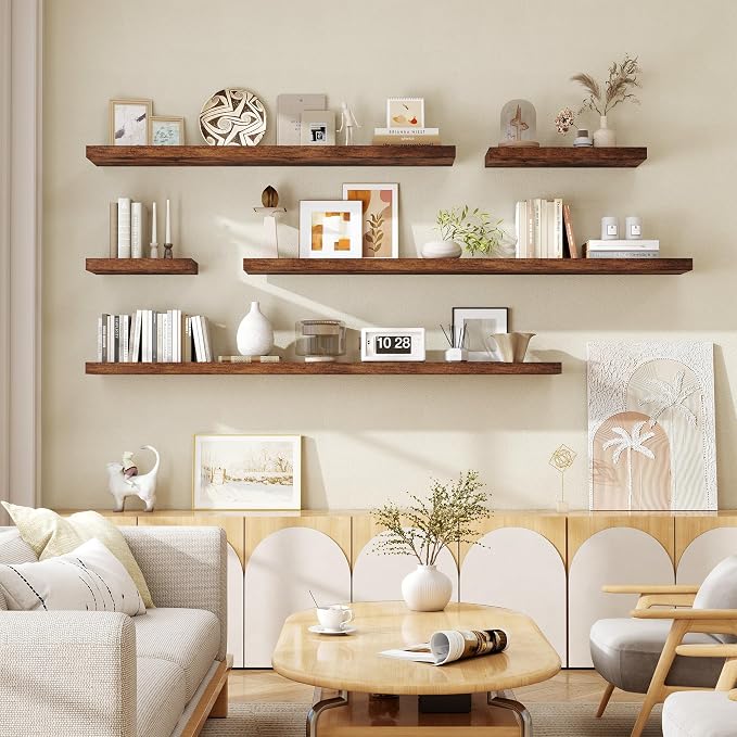 Fun Memories 72 Inch Floating Shelves for Wall, Fireplace Mantel Shelf with Invisible Heavy Duty Bracket, 8 Inch Deep Storage Shelf for Living Room, Kitchen, Farmhouse, Brown