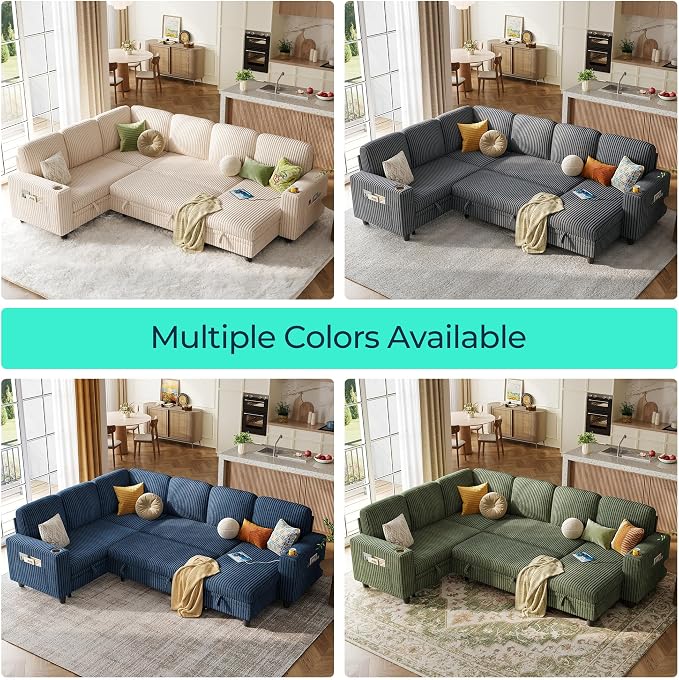 LINSY HOME Sectional Sofa with Pull Out Bed, 6 Seats Corduroy Reversible Sleeper Sofa with Storage Seats & Chaises, USB Ports, Cup Holders, Side Pocket, Sectional Couches for Living Room, Beige