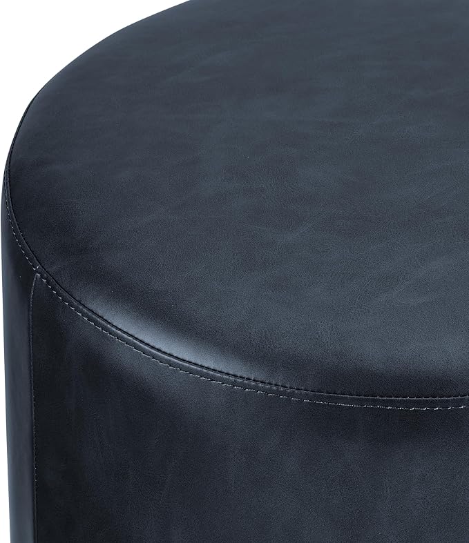 Studio Living® 19” Wentworth Ottoman Round Faux Leather Bench, Stationary Ottomans, Backless Chair, Footrest for Living Room, Footstool Office, Bedroom, Padded Seat, Navy Blue